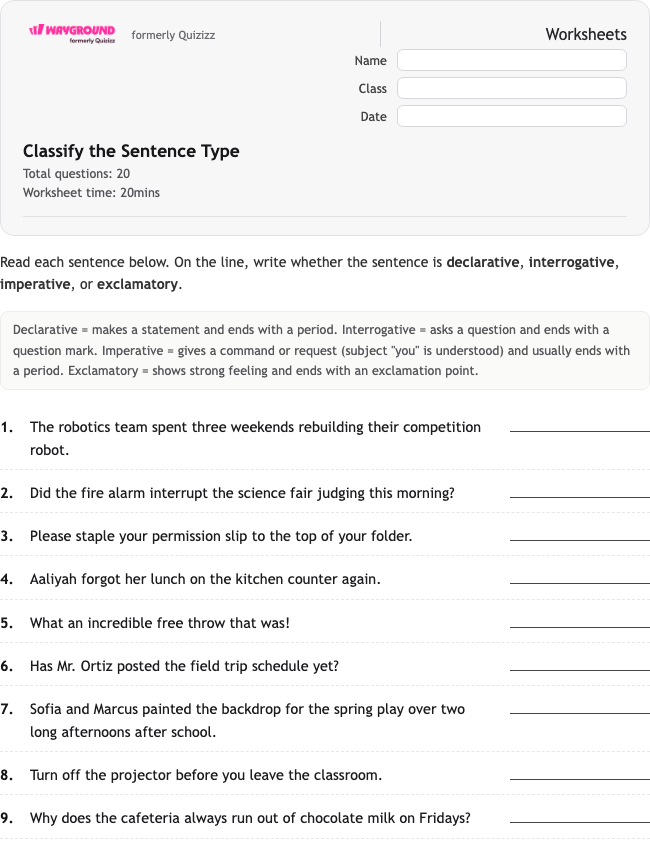 Classify the Sentence Type - พิมพ์ได้ ไวยากรณ์ เวิร์กชีท ระดับ 7 - Wayground