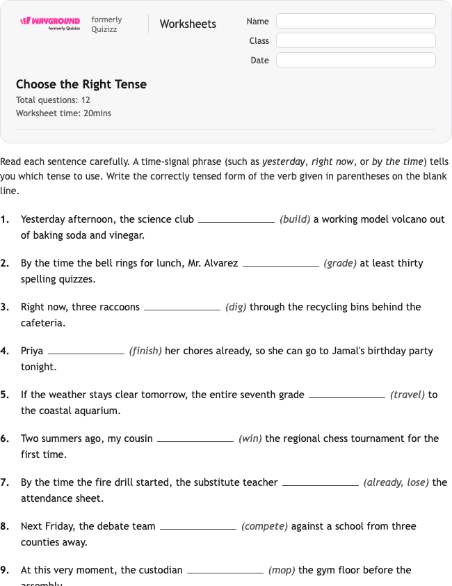 Choose the Right Tense - พิมพ์ได้ ไวยากรณ์ เวิร์กชีท ระดับ 7 - Wayground