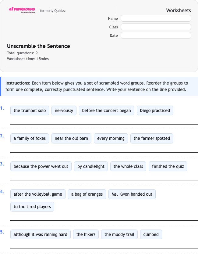 Unscramble the Sentence - พิมพ์ได้ ไวยากรณ์ เวิร์กชีท ระดับ 7 - Wayground