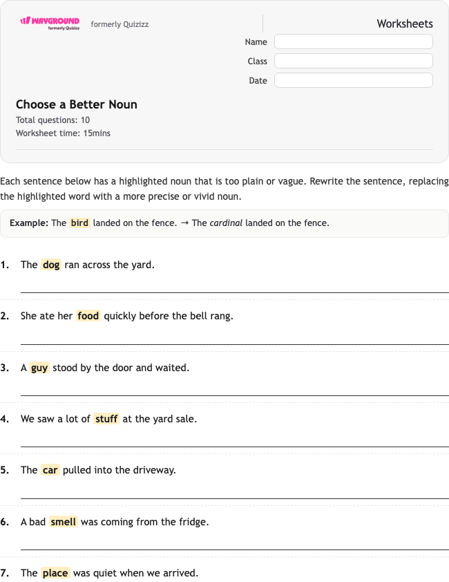 Choose a Better Noun - พิมพ์ได้ ไวยากรณ์ เวิร์กชีท ระดับ 7 - Wayground