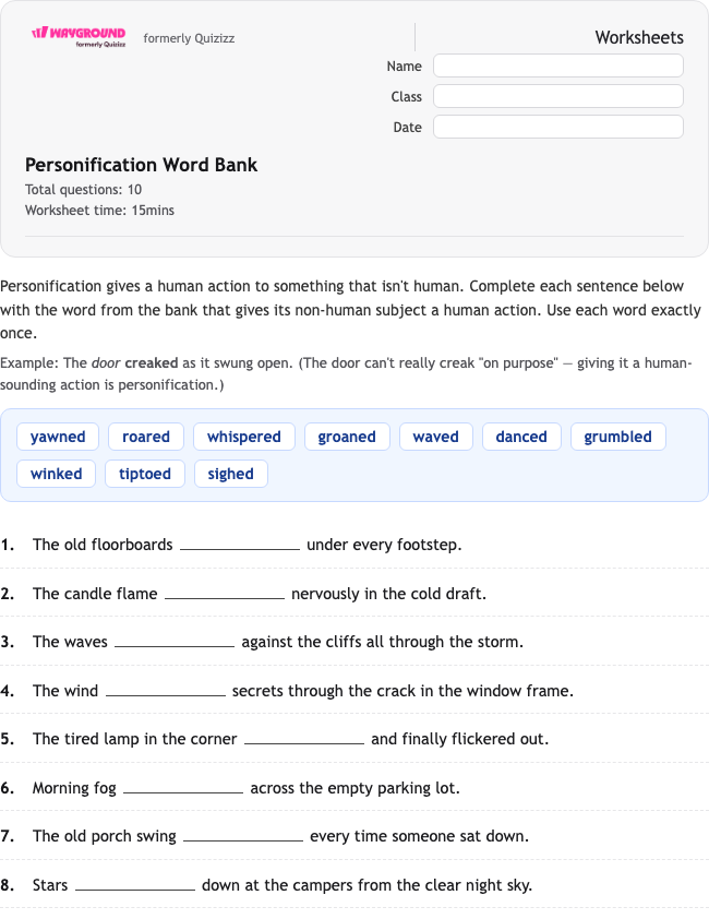Personification Word Bank - พิมพ์ได้ ไวยากรณ์ เวิร์กชีท ระดับ 7 - Wayground