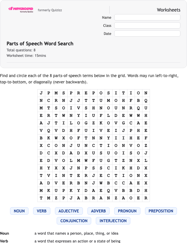 Parts of Speech Word Search - พิมพ์ได้ ไวยากรณ์ เวิร์กชีท ระดับ 7 - Wayground