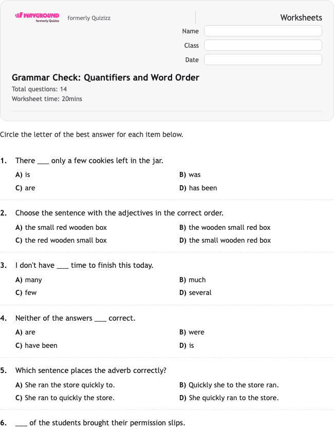 Grammar Check: Quantifiers and Word Order - พิมพ์ได้ ไวยากรณ์ เวิร์กชีท ระดับ 7 - Wayground