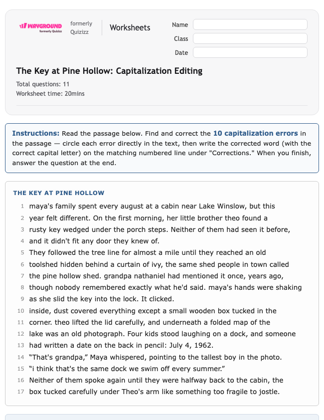 The Key at Pine Hollow: Capitalization Editing - พิมพ์ได้ ไวยากรณ์ เวิร์กชีท ระดับ 7 - Wayground