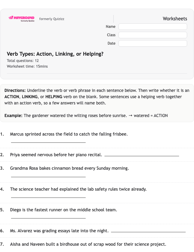 Verb Types: Action, Linking, or Helping? - Nadający się do druku Gramatyka Karty-pracy Klasa 8 - Quizizz