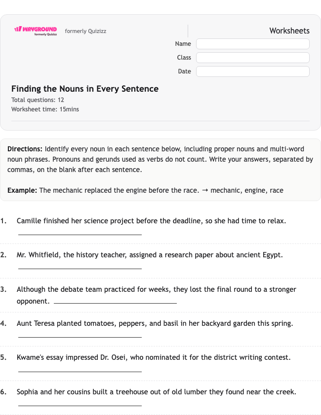 Finding the Nouns in Every Sentence - Nadający się do druku Gramatyka Karty-pracy Klasa 8 - Quizizz