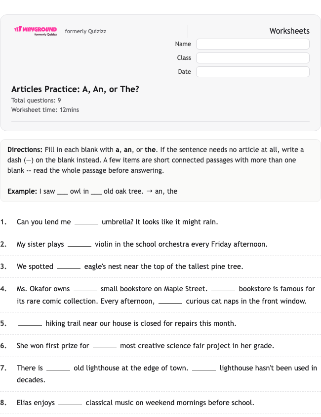 Articles Practice: A, An, or The? - Nadający się do druku Gramatyka Karty-pracy Klasa 8 - Quizizz