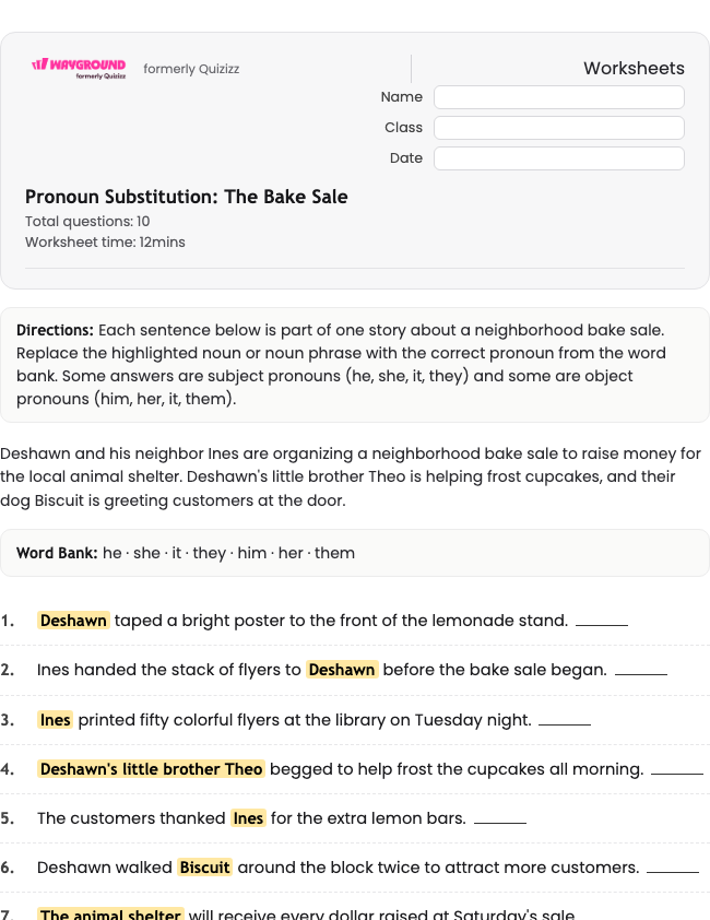 Pronoun Substitution: The Bake Sale - Nadający się do druku Gramatyka Karty-pracy Klasa 8 - Quizizz