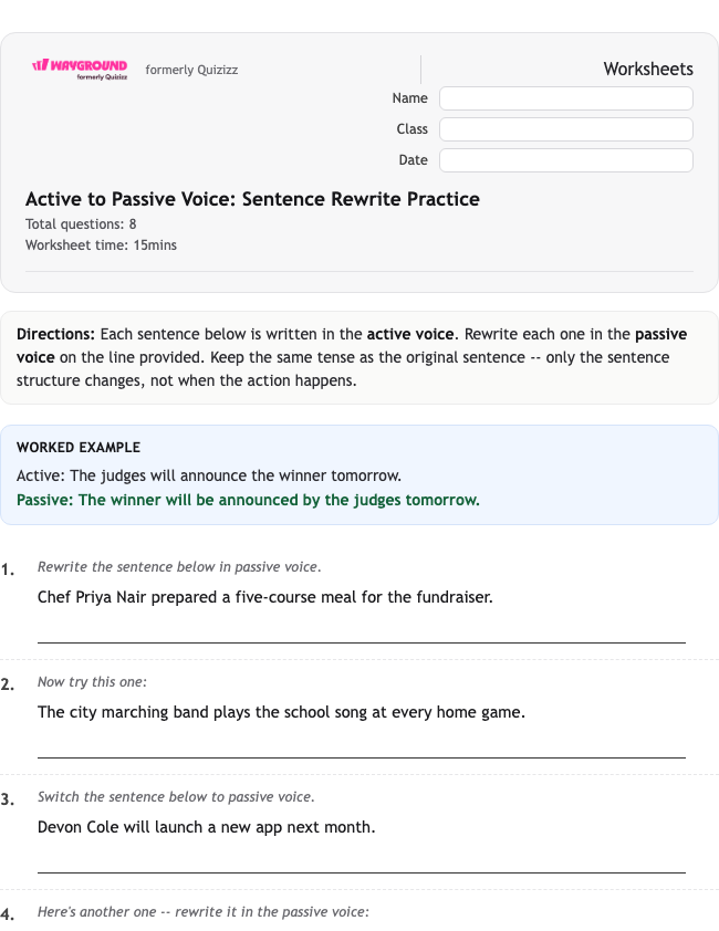 Active to Passive Voice: Sentence Rewrite Practice - Nadający się do druku Gramatyka Karty-pracy Klasa 8 - Quizizz
