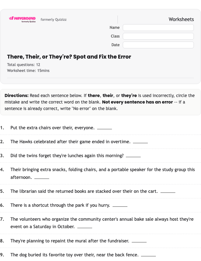 There, Their, or They're? Spot and Fix the Error - Nadający się do druku Gramatyka Karty-pracy Klasa 8 - Quizizz