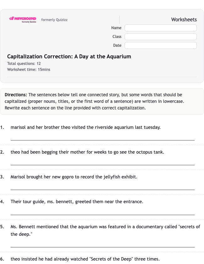 Capitalization Correction: A Day at the Aquarium - Nadający się do druku Gramatyka Karty-pracy Klasa 8 - Quizizz