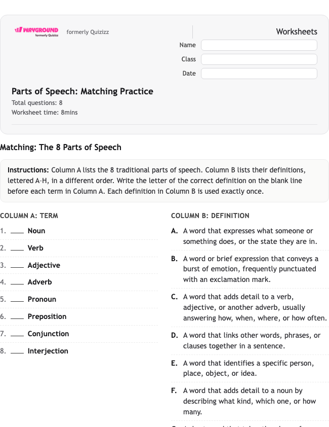 Parts of Speech: Matching Practice - Nadający się do druku Gramatyka Karty-pracy Klasa 8 - Quizizz