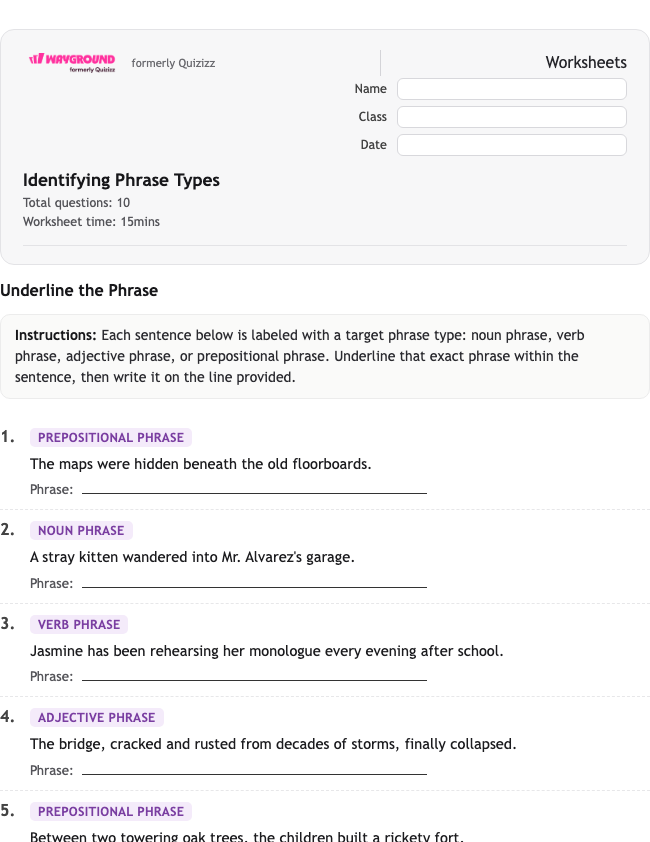 Identifying Phrase Types - Nadający się do druku Gramatyka Karty-pracy Klasa 8 - Quizizz