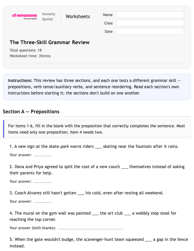 The Three-Skill Grammar Review - Nadający się do druku Gramatyka Karty-pracy Klasa 8 - Quizizz