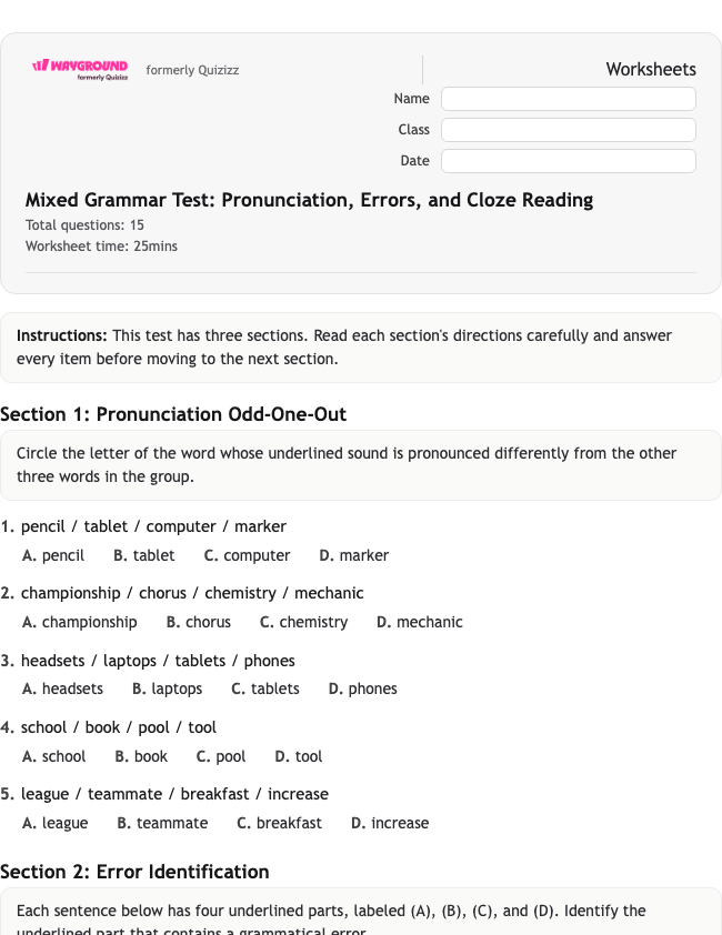 Mixed Grammar Test: Pronunciation, Errors, and Cloze Reading - Nadający się do druku Gramatyka Karty-pracy Klasa 9 - Quizizz