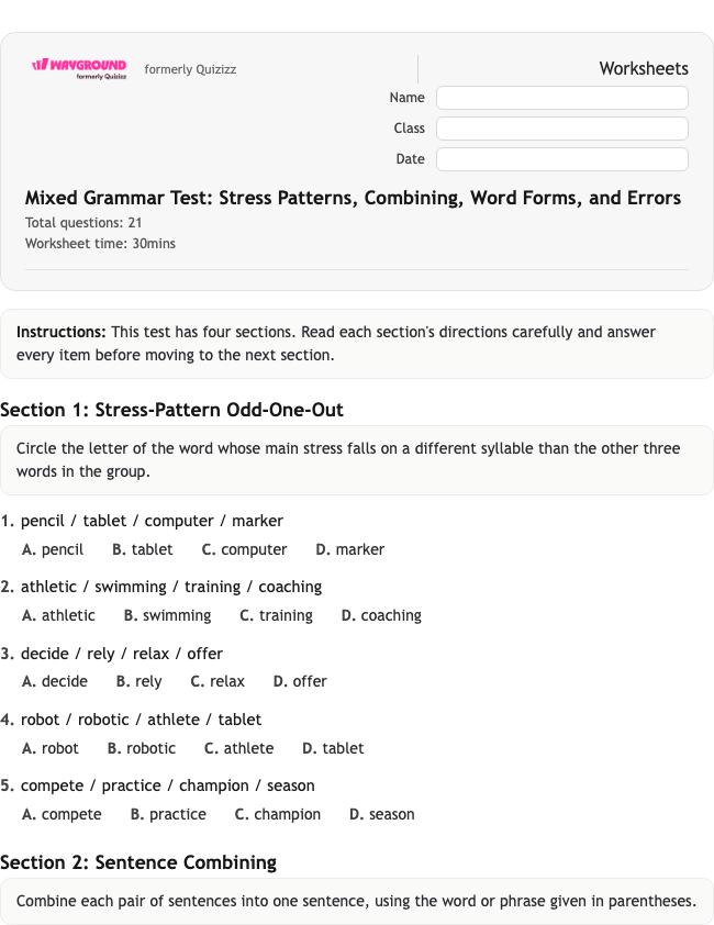 Mixed Grammar Test: Stress Patterns, Combining, Word Forms, and Errors - Nadający się do druku Gramatyka Karty-pracy Klasa 9 - Quizizz