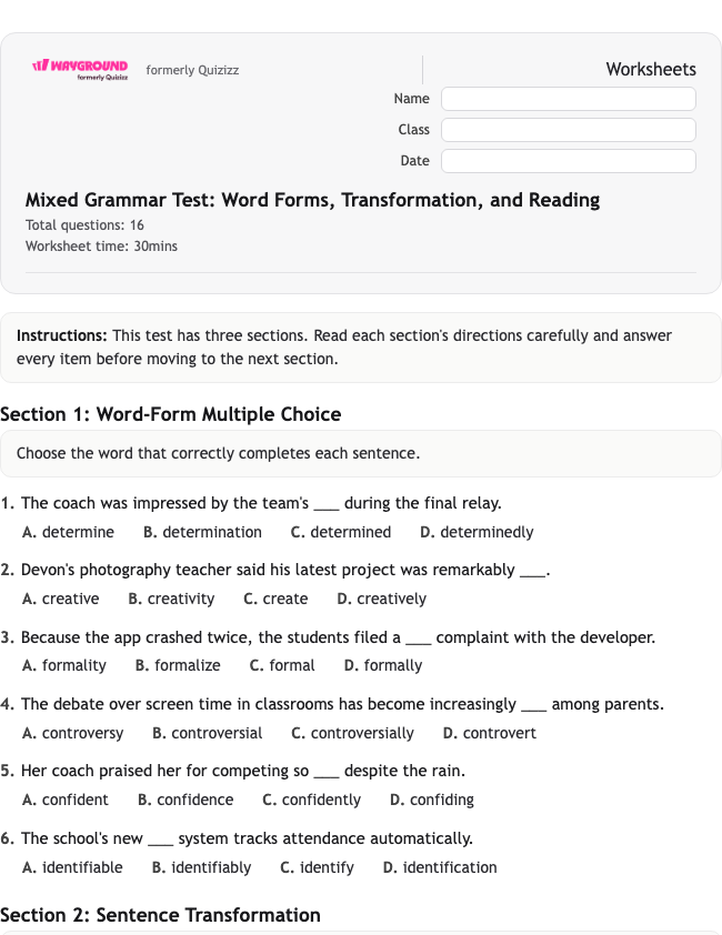 Mixed Grammar Test: Word Forms, Transformation, and Reading - Nadający się do druku Gramatyka Karty-pracy Klasa 9 - Quizizz