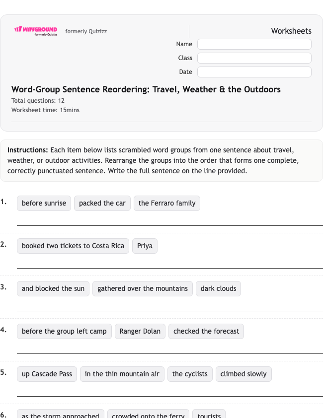 Word-Group Sentence Reordering: Travel, Weather & the Outdoors - Nadający się do druku Gramatyka Karty-pracy Klasa 9 - Quizizz