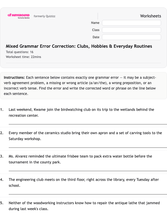 Mixed Grammar Error Correction: Clubs, Hobbies & Everyday Routines - Nadający się do druku Gramatyka Karty-pracy Klasa 9 - Quizizz