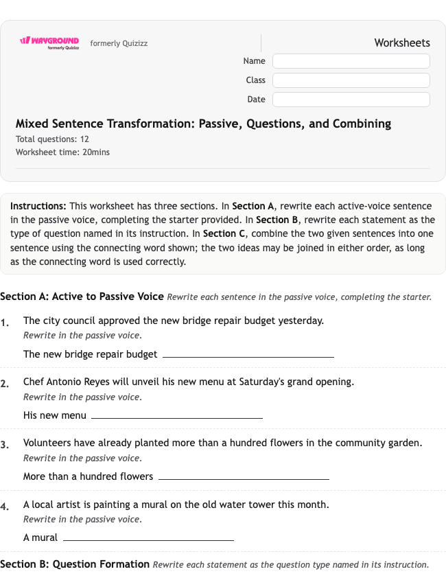 Mixed Sentence Transformation: Passive, Questions, and Combining - Nadający się do druku Gramatyka Karty-pracy Klasa 9 - Quizizz