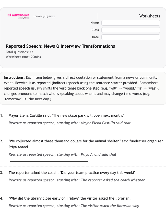 Reported Speech: News & Interview Transformations - Nadający się do druku Gramatyka Karty-pracy Klasa 9 - Quizizz