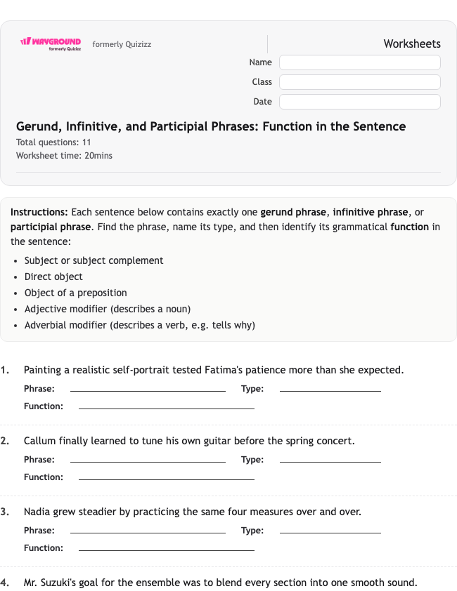 Gerund, Infinitive, and Participial Phrases: Function in the Sentence - Nadający się do druku Gramatyka Karty-pracy Klasa 9 - Quizizz