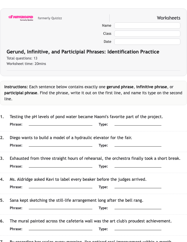 Gerund, Infinitive, and Participial Phrases: Identification Practice - Nadający się do druku Gramatyka Karty-pracy Klasa 9 - Quizizz