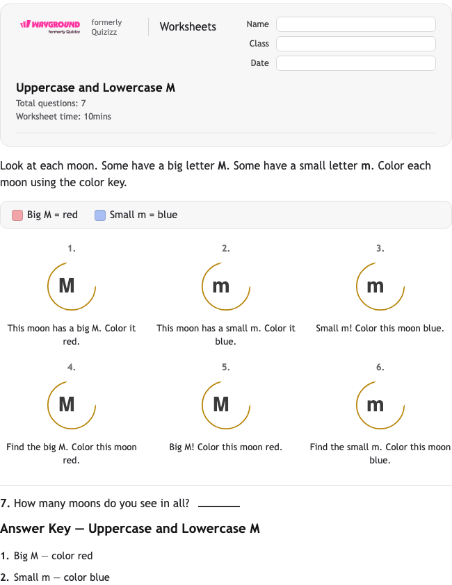 Uppercase and Lowercase M - พิมพ์ได้ ไวยากรณ์ เวิร์กชีท โรงเรียนอนุบาล - Wayground