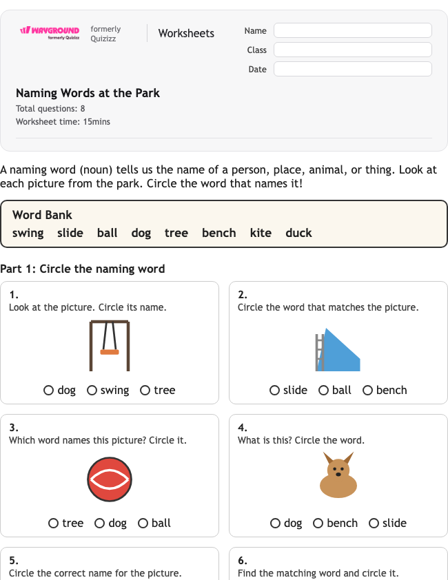 Naming Words at the Park - พิมพ์ได้ ไวยากรณ์ เวิร์กชีท โรงเรียนอนุบาล - Wayground
