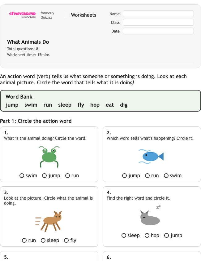 What Animals Do - พิมพ์ได้ ไวยากรณ์ เวิร์กชีท โรงเรียนอนุบาล - Wayground