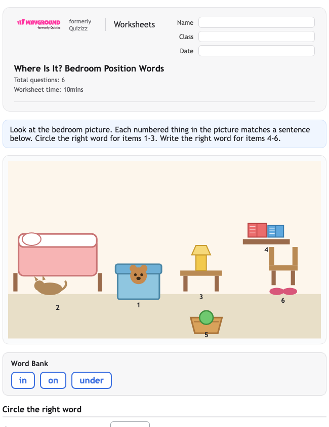 Where Is It? Bedroom Position Words - พิมพ์ได้ ไวยากรณ์ เวิร์กชีท โรงเรียนอนุบาล - Wayground