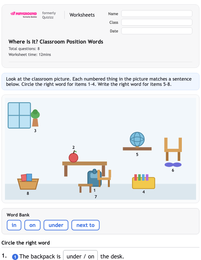 Where Is It? Classroom Position Words - พิมพ์ได้ ไวยากรณ์ เวิร์กชีท โรงเรียนอนุบาล - Wayground