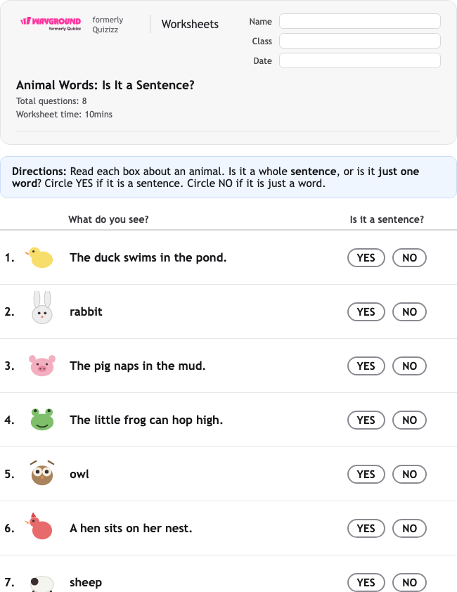 Animal Words: Is It a Sentence? - พิมพ์ได้ ไวยากรณ์ เวิร์กชีท โรงเรียนอนุบาล - Wayground