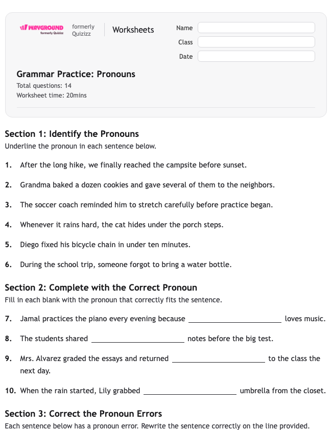 Grammar Practice: Pronouns - พิมพ์ได้ ไวยากรณ์ เวิร์กชีท - Wayground