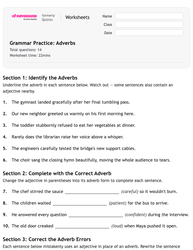Grammar Practice: Adverbs - พิมพ์ได้ ไวยากรณ์ เวิร์กชีท - Wayground