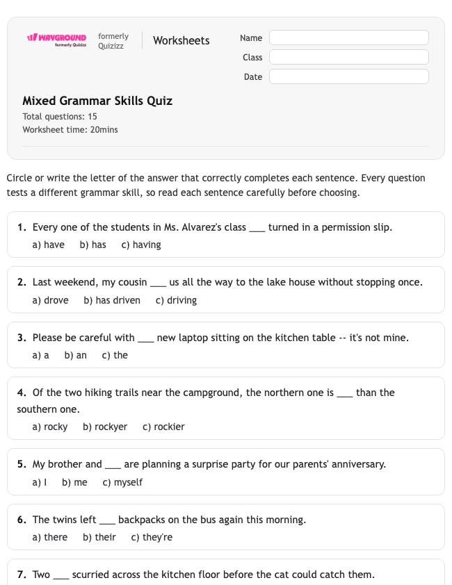 Mixed Grammar Skills Quiz - พิมพ์ได้ ไวยากรณ์ เวิร์กชีท - Wayground