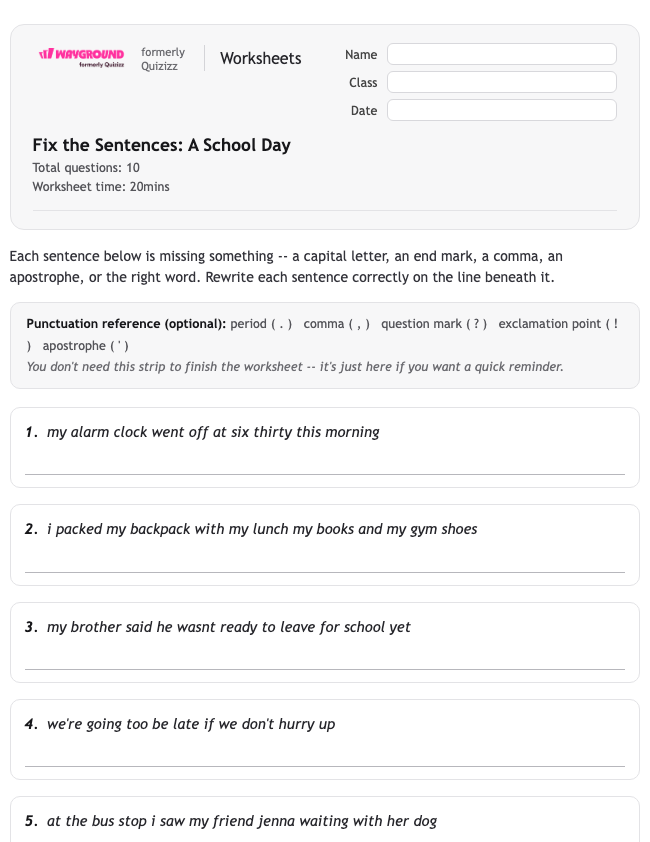 Fix the Sentences: A School Day - พิมพ์ได้ ไวยากรณ์ เวิร์กชีท - Wayground
