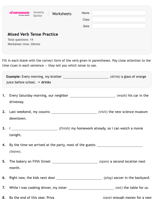 Mixed Verb Tense Practice - พิมพ์ได้ ไวยากรณ์ เวิร์กชีท - Wayground