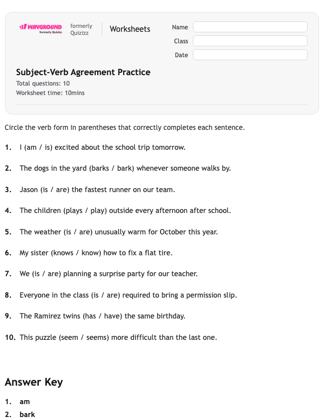 Subject-Verb Agreement Practice - พิมพ์ได้ ไวยากรณ์ เวิร์กชีท - Wayground