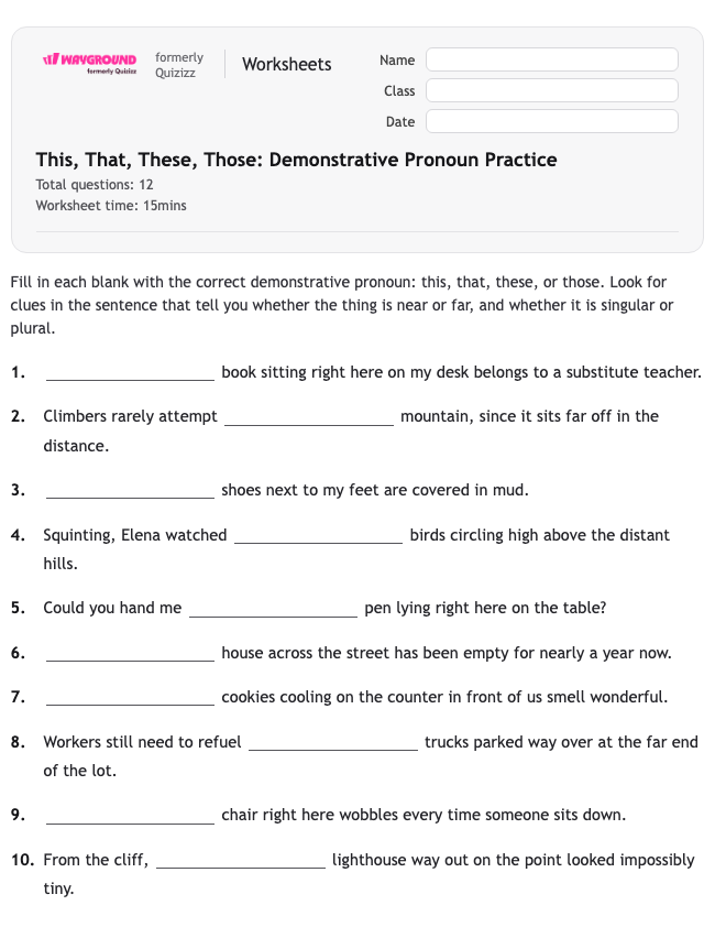 This, That, These, Those: Demonstrative Pronoun Practice - พิมพ์ได้ ไวยากรณ์ เวิร์กชีท - Wayground