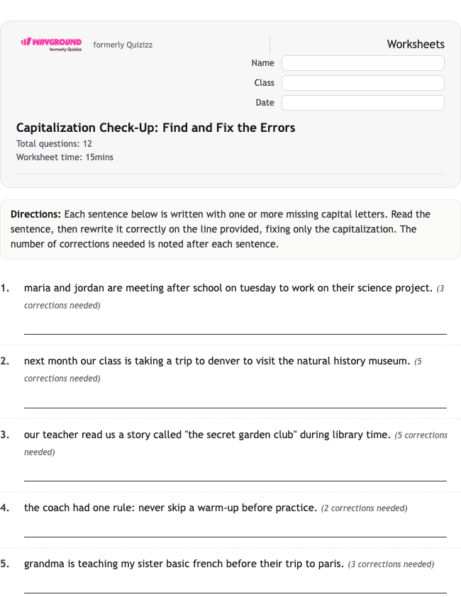 Capitalization Check-Up: Find and Fix the Errors - พิมพ์ได้ ไวยากรณ์ เวิร์กชีท - Wayground