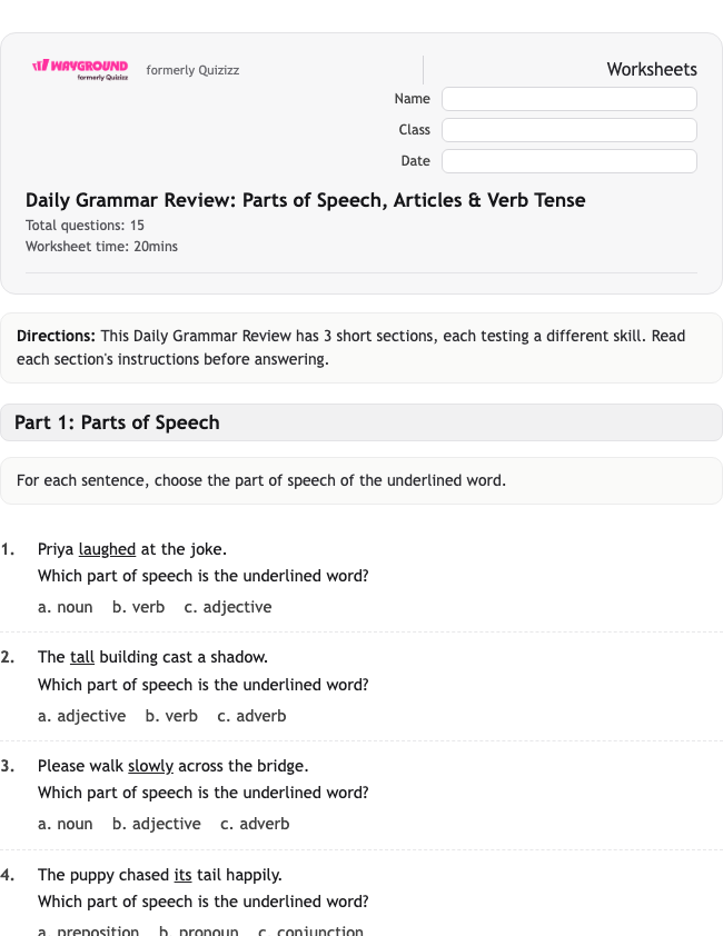 Daily Grammar Review: Parts of Speech, Articles & Verb Tense - พิมพ์ได้ ไวยากรณ์ เวิร์กชีท - Wayground