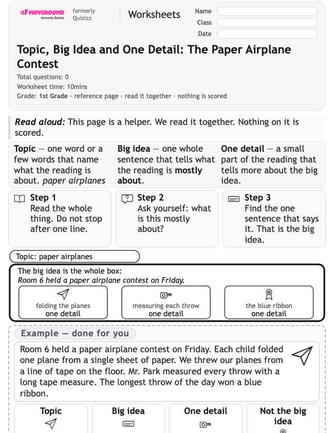 Topic, Big Idea and One Detail: The Paper Airplane Contest - พิมพ์ได้ Mengidentifikasi-ide-utama Lembar-kerja Kelas 1 - Wayground