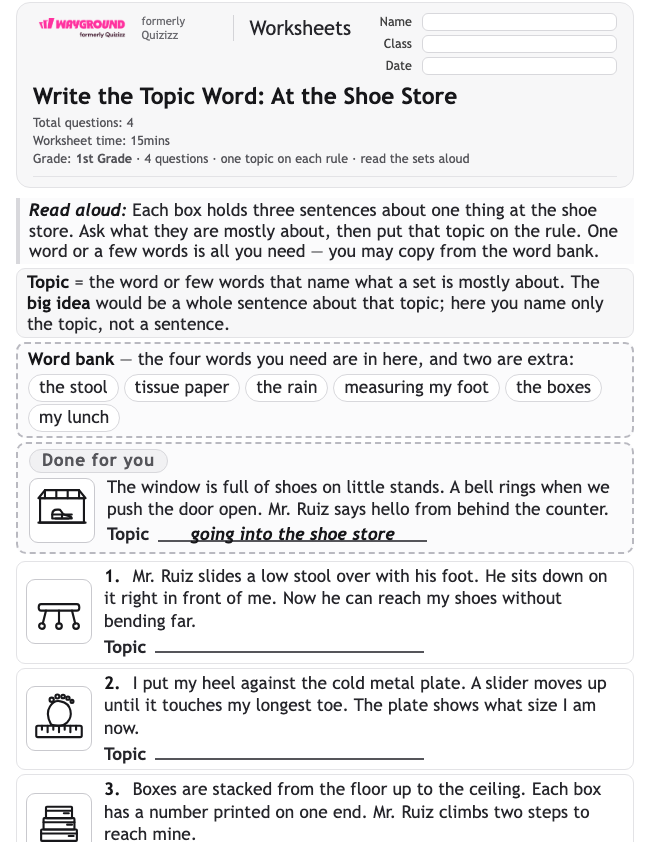 Write the Topic Word: At the Shoe Store - พิมพ์ได้ Mengidentifikasi-ide-utama Lembar-kerja Kelas 1 - Wayground