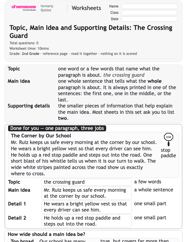 Topic, Main Idea and Supporting Details: The Crossing Guard - Dapat dicetak Mengidentifikasi-ide-utama Lembar-kerja Kelas 2 - Wayground