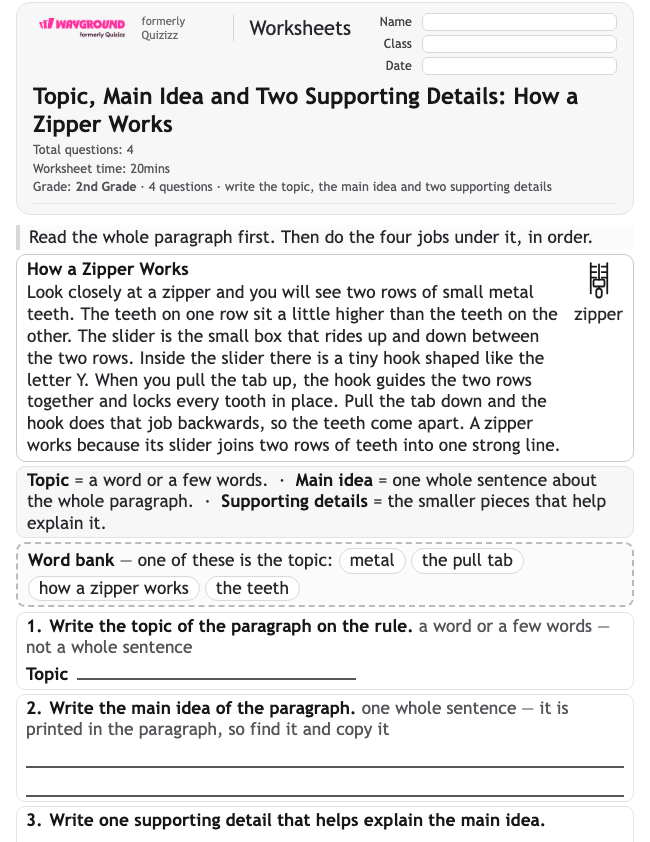 Topic, Main Idea and Two Supporting Details: How a Zipper Works - Dapat dicetak Mengidentifikasi-ide-utama Lembar-kerja Kelas 2 - Wayground