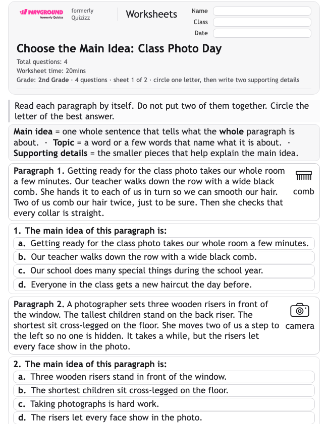 Choose the Main Idea: Class Photo Day - Dapat dicetak Mengidentifikasi-ide-utama Lembar-kerja Kelas 2 - Wayground
