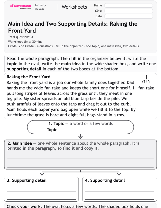 Main Idea and Two Supporting Details: Raking the Front Yard - Dapat dicetak Mengidentifikasi-ide-utama Lembar-kerja Kelas 2 - Wayground