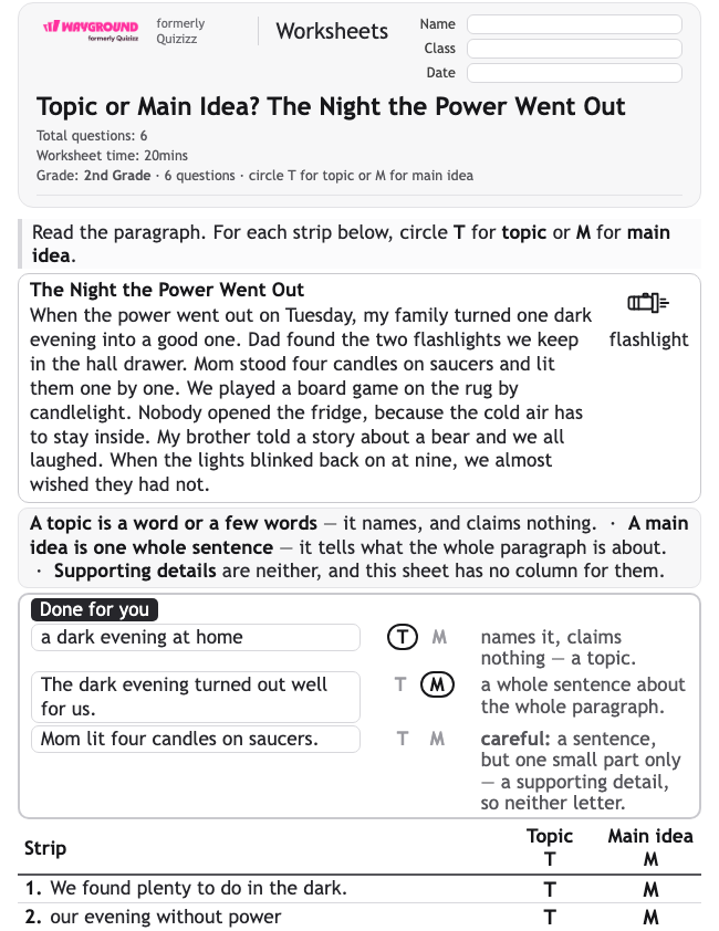 Topic or Main Idea? The Night the Power Went Out - Dapat dicetak Mengidentifikasi-ide-utama Lembar-kerja Kelas 2 - Wayground