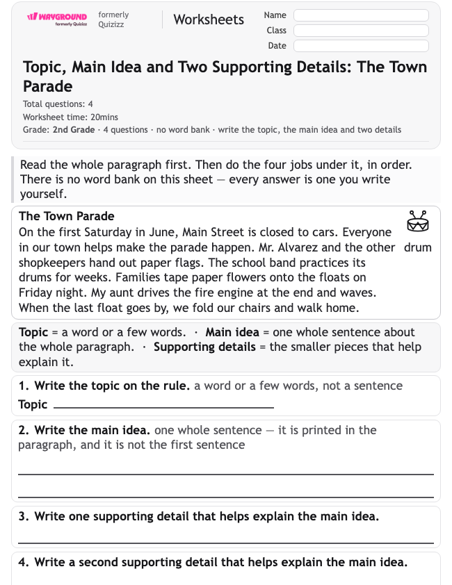 Topic, Main Idea and Two Supporting Details: The Town Parade - Dapat dicetak Mengidentifikasi-ide-utama Lembar-kerja Kelas 2 - Wayground